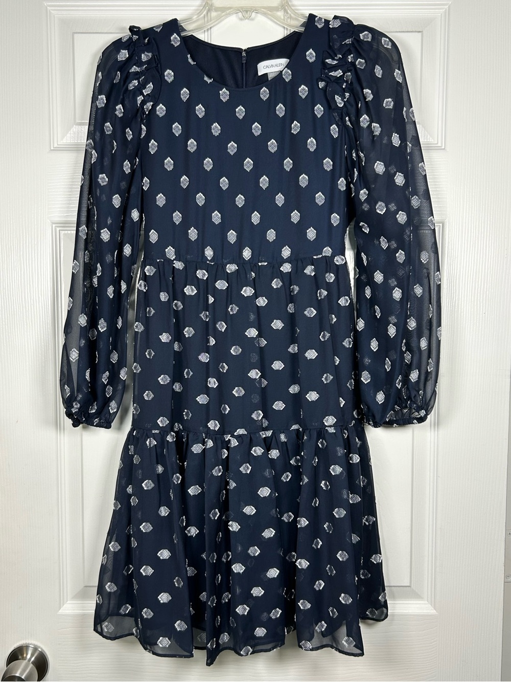 Calvin Klein Navy Chiffon Tiered Ruffle Dress 3/4 Sleeve Women’s Size 10 Tieback